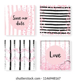 Wedding confetti with stripes. Invitation set. Pink hearts and dots on black and pink background. Template with wedding confetti for party, event, bridal shower, save the date card.
