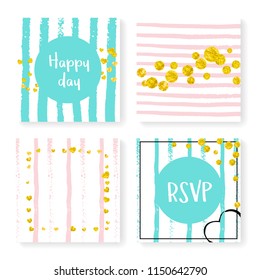 Wedding confetti with stripes. Invitation set. Gold hearts and dots on pink and mint background. Template with wedding confetti for party, event, bridal shower, save the date card.