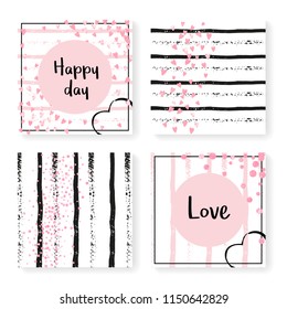 Wedding confetti with stripes. Invitation set. Pink hearts and dots on black and pink background. Template with wedding confetti for party, event, bridal shower, save the date card.