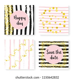 Wedding confetti with stripes. Invitation set. Gold hearts and dots on black and pink background. Design with wedding confetti for party, event, bridal shower, save the date card.