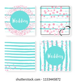 Wedding confetti with stripes. Invitation set. Pink hearts and dots on mint and white background. Template with wedding confetti for party, event, bridal shower, save the date card.