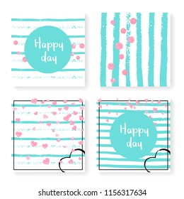 Wedding confetti with stripes. Invitation set. Pink hearts and dots on mint and white background. Template with wedding confetti for party, event, bridal shower, save the date card.