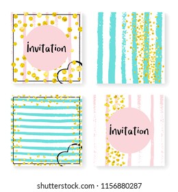 Wedding confetti with stripes. Invitation set. Gold hearts and dots on pink and mint background. Template with wedding confetti for party, event, bridal shower, save the date card.