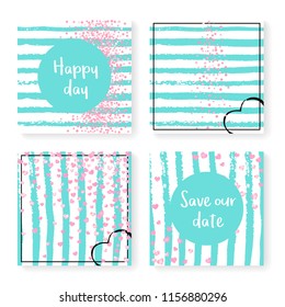 Wedding confetti with stripes. Invitation set. Pink hearts and dots on mint and white background. Template with wedding confetti for party, event, bridal shower, save the date card.