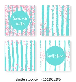 Wedding confetti with stripes. Invitation set. Pink hearts and dots on mint and white background. Template with wedding confetti for party, event, bridal shower, save the date card.