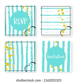 Wedding confetti with stripes. Invitation set. Gold hearts and dots on mint and white background. Template with wedding confetti for party, event, bridal shower, save the date card.
