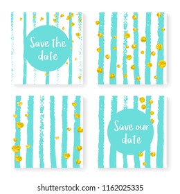 Wedding confetti with stripes. Invitation set. Gold hearts and dots on mint and white background. Template with wedding confetti for party, event, bridal shower, save the date card.