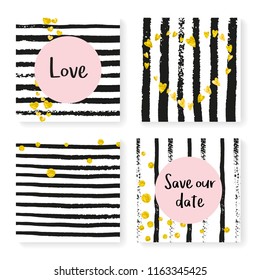 Wedding confetti with stripes. Invitation set. Gold hearts and dots on black and white background. Template with wedding confetti for party, event, bridal shower, save the date card.