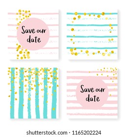 Wedding confetti with stripes. Invitation set. Gold hearts and dots on pink and mint background. Design with wedding confetti for party, event, bridal shower, save the date card.