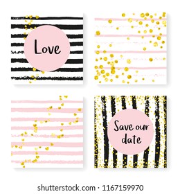 Wedding confetti with stripes. Invitation set. Gold hearts and dots on black and pink background. Design with wedding confetti for party, event, bridal shower, save the date card.