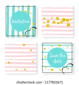 Wedding confetti with stripes. Invitation set. Gold hearts and dots on pink and mint background. Template with wedding confetti for party, event, bridal shower, save the date card.