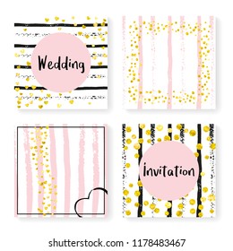 Wedding confetti with stripes. Invitation set. Gold hearts and dots on black and pink background. Template with wedding confetti for party, event, bridal shower, save the date card.