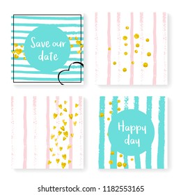 Wedding confetti with stripes. Invitation set. Gold hearts and dots on pink and mint background. Design with wedding confetti for party, event, bridal shower, save the date card.