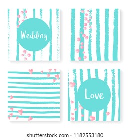 Wedding confetti with stripes. Invitation set. Pink hearts and dots on mint and white background. Template with wedding confetti for party, event, bridal shower, save the date card.