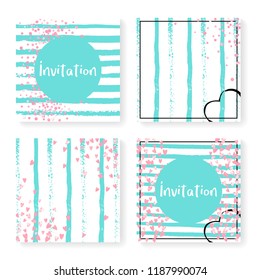Wedding confetti with stripes. Invitation set. Pink hearts and dots on mint and white background. Design with wedding confetti for party, event, bridal shower, save the date card.