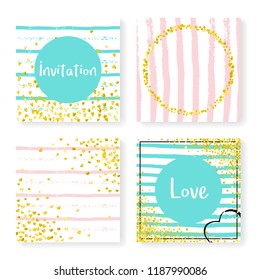 Wedding confetti with stripes. Invitation set. Gold hearts and dots on pink and mint background. Template with wedding confetti for party, event, bridal shower, save the date card.