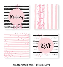 Wedding confetti with stripes. Invitation set. Pink hearts and dots on black and pink background. Design with wedding confetti for party, event, bridal shower, save the date card.