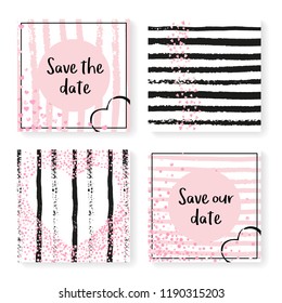 Wedding confetti with stripes. Invitation set. Pink hearts and dots on black and pink background. Design with wedding confetti for party, event, bridal shower, save the date card.