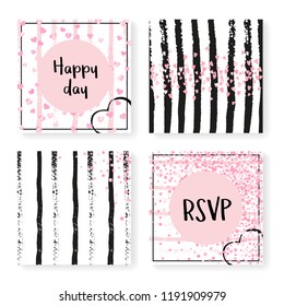 Wedding confetti with stripes. Invitation set. Pink hearts and dots on black and pink background. Design with wedding confetti for party, event, bridal shower, save the date card.