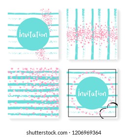 Wedding confetti with stripes. Invitation set. Pink hearts and dots on mint and white background. Template with wedding confetti for party, event, bridal shower, save the date card.