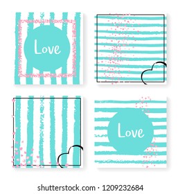Wedding confetti with stripes. Invitation set. Pink hearts and dots on mint and white background. Design with wedding confetti for party, event, bridal shower, save the date card.