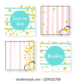 Wedding confetti with stripes. Invitation set. Gold hearts and dots on pink and mint background. Template with wedding confetti for party, event, bridal shower, save the date card.