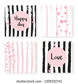 Wedding confetti with stripes. Invitation set. Pink hearts and dots on black and pink background. Design with wedding confetti for party, event, bridal shower, save the date card.