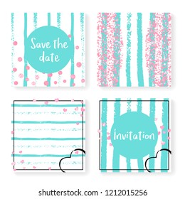 Wedding confetti with stripes. Invitation set. Pink hearts and dots on mint and white background. Template with wedding confetti for party, event, bridal shower, save the date card.