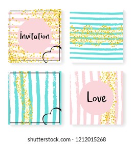 Wedding confetti with stripes. Invitation set. Gold hearts and dots on pink and mint background. Design with wedding confetti for party, event, bridal shower, save the date card.