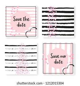 Wedding confetti with stripes. Invitation set. Pink hearts and dots on black and pink background. Template with wedding confetti for party, event, bridal shower, save the date card.