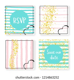 Wedding confetti with stripes. Invitation set. Gold hearts and dots on pink and mint background. Design with wedding confetti for party, event, bridal shower, save the date card.