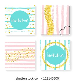 Wedding confetti with stripes. Invitation set. Gold hearts and dots on pink and mint background. Design with wedding confetti for party, event, bridal shower, save the date card.