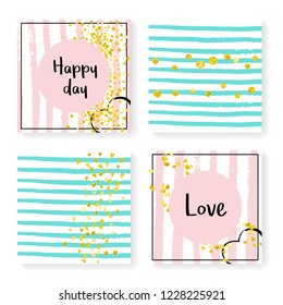 Wedding confetti with stripes. Invitation set. Gold hearts and dots on pink and mint background. Template with wedding confetti for party, event, bridal shower, save the date card.