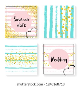 Wedding confetti with stripes. Invitation set. Gold hearts and dots on pink and mint background. Design with wedding confetti for party, event, bridal shower, save the date card.