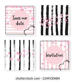 Wedding confetti with stripes. Invitation set. Pink hearts and dots on black and pink background. Template with wedding confetti for party, event, bridal shower, save the date card.