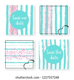 Wedding confetti with stripes. Invitation set. Pink hearts and dots on mint and white background. Design with wedding confetti for party, event, bridal shower, save the date card.