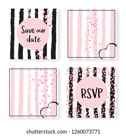 Wedding confetti with stripes. Invitation set. Pink hearts and dots on black and pink background. Template with wedding confetti for party, event, bridal shower, save the date card.