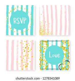 Wedding confetti with stripes. Invitation set. Gold hearts and dots on pink and mint background. Design with wedding confetti for party, event, bridal shower, save the date card.