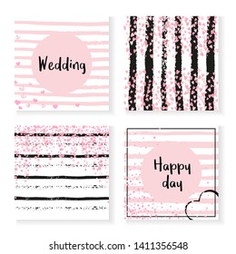 Wedding confetti with stripes. Invitation set. Pink hearts and dots on black and pink background. Template with wedding confetti for party, event, bridal shower, save the date card.