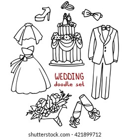 Wedding contour doodle set: costume, dress, bow tie, bouquet, glasses, shoes, rings, wedding cake.