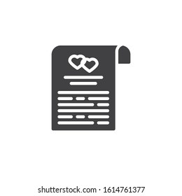 Wedding contract certificate vector icon. filled flat sign for mobile concept and web design. Marriage contract document glyph icon. Symbol, logo illustration. Vector graphics