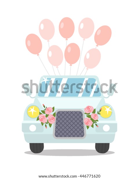Wedding convertible decorated\
flowers and\
balloons. flat vector illustration in cartoon style isolation on a\
white background