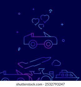 Wedding convertible gradient line vector icon, simple illustration on a dark blue background, city transport related bottom border.