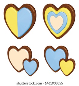 Wedding Cookie Set. Heart Shaped Pastry Illustration. Assortment of Cookies with Yellow Blue and White Icing. Vector 3D Realistic Images isolated on White Background.