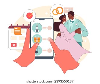 Concepto de Coordinador de bodas. Manos navegan por una aplicación para smartphones, planificando una boda ideal con tareas clave, ya que una pareja amorosa comparte un momento. Organizando nupcias digitalmente. Ilustración vectorial plana.