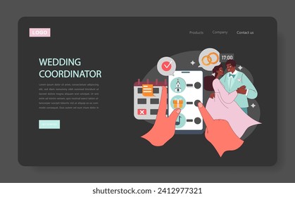 Concepto de Coordinador de bodas. Manos navegan por una aplicación para smartphones, planificando una boda ideal con tareas clave, ya que una pareja amorosa comparte un momento. Organizando nupcias digitalmente. Ilustración vectorial plana.