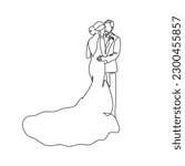 Wedding cople dance vector line art. Beautiful bride and groom line drawing. Elegant wedding agency logo. Minimalist modern illustration