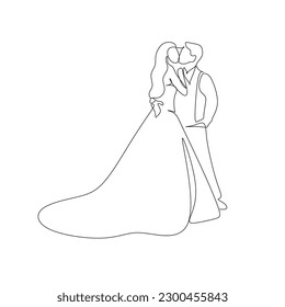 Wedding cople dance vector line art. Beautiful bride and groom line drawing. Elegant wedding agency logo. Minimalist modern illustration