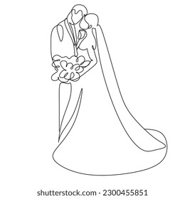 Boda de danza de manzana vectorial de arte. Hermoso dibujo de la línea de novias y novios. Logo elegante de la agencia de bodas. Ilustración moderna minimalista