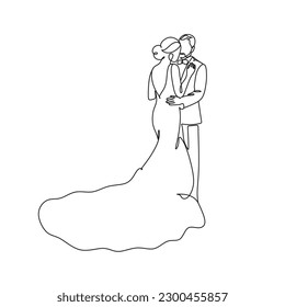 Boda de danza de manzana vectorial de arte. Hermoso dibujo de la línea de novias y novios. Logo elegante de la agencia de bodas. Ilustración moderna minimalista